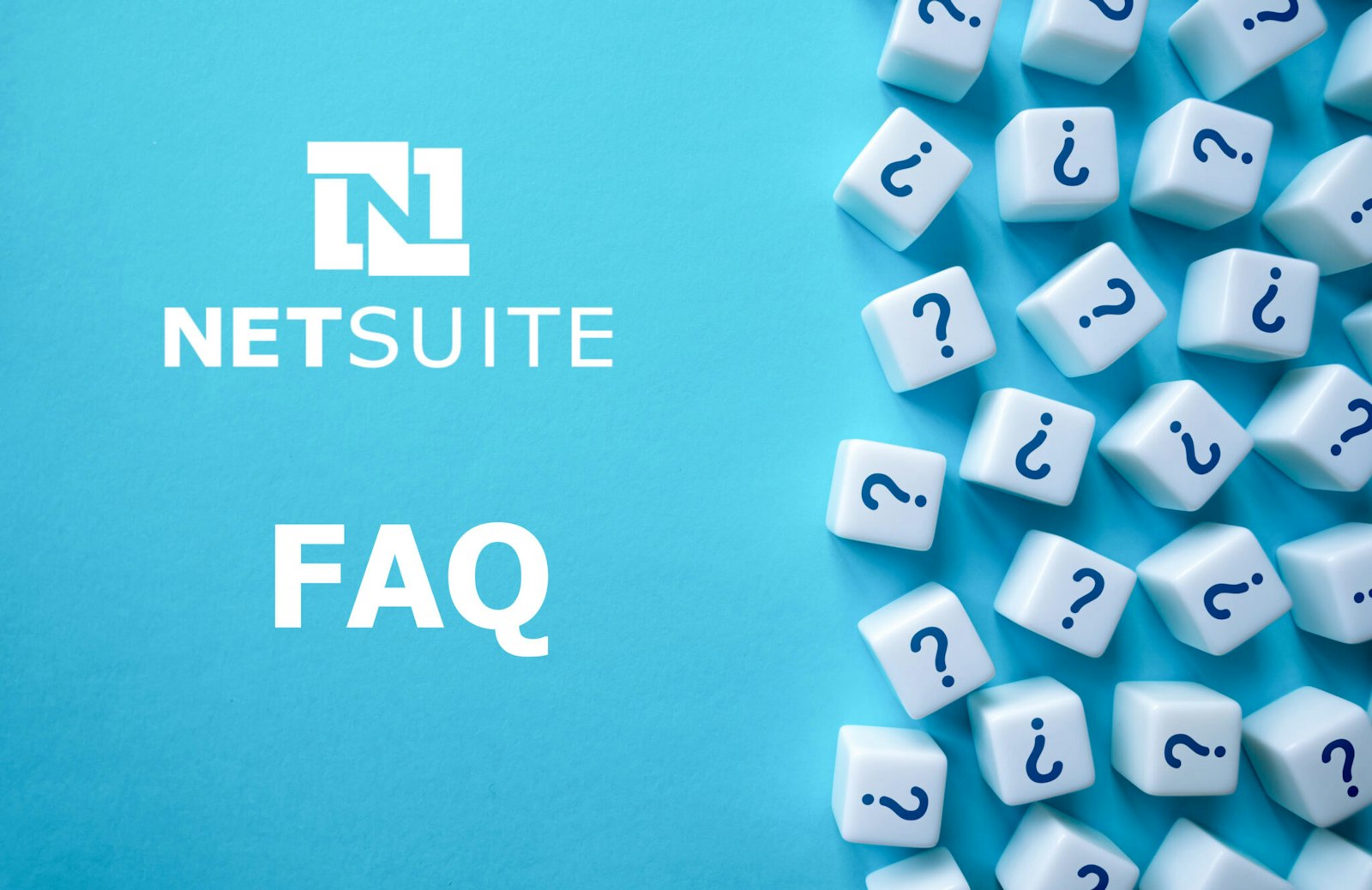 Graphic featuring the NetSuite logo, an FAQ label, and blank dice with question marks, representing frequently asked questions about NetSuite and its classification.