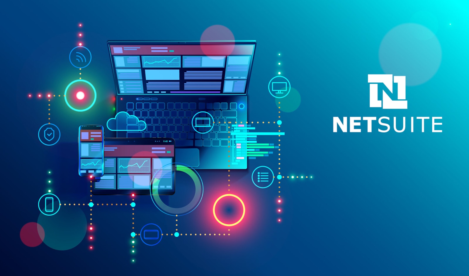 Graphic showing a digital laptop with the NetSuite logo, symbolizing ecommerce automation, ERP connectivity, and improved business efficiency.