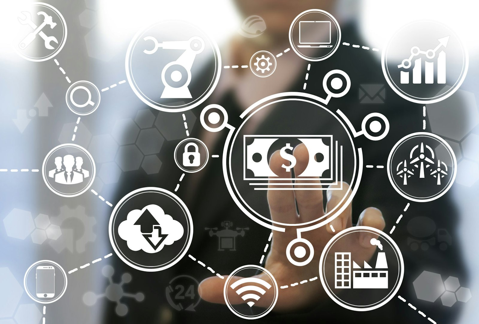 Graphic featuring floating icons like currency, connectivity, and analytics symbols, representing the factors that impact software integration pricing.