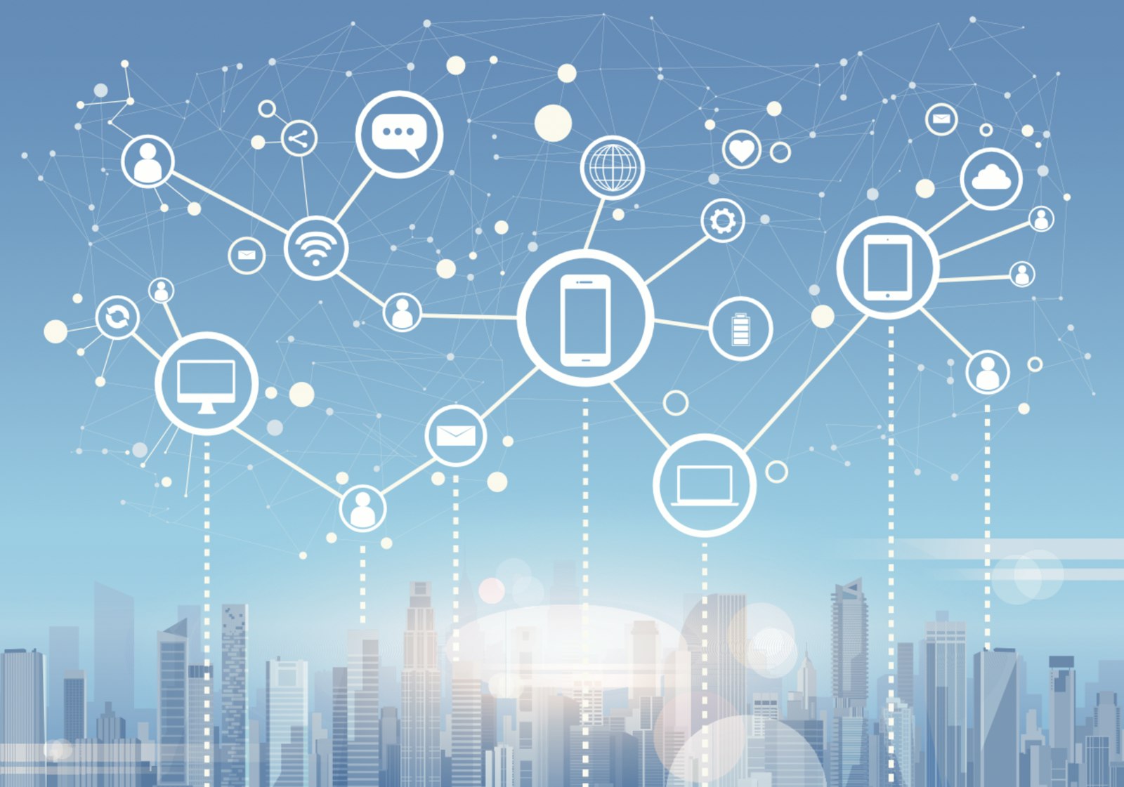 Graphic of a cityscape with interconnected business icons, symbolizing software integrations, automation, and connected business operations powered by MindCloud.