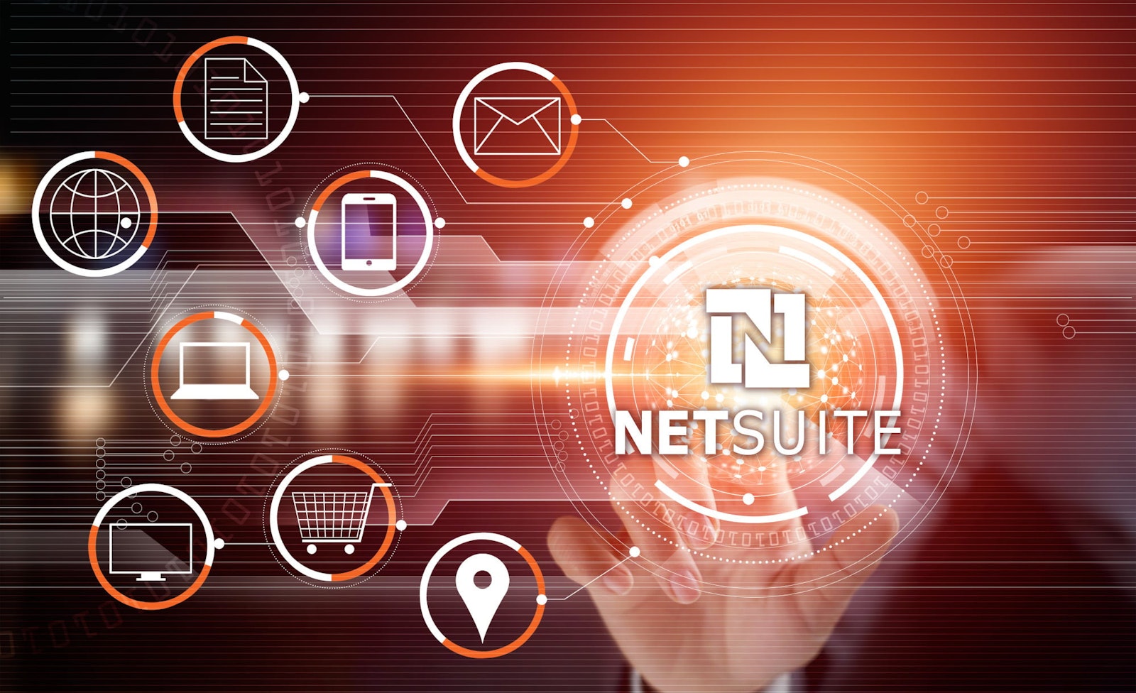 Graphic featuring the NetSuite logo surrounded by business icons, representing omnichannel commerce, connected systems, and unified business operations.