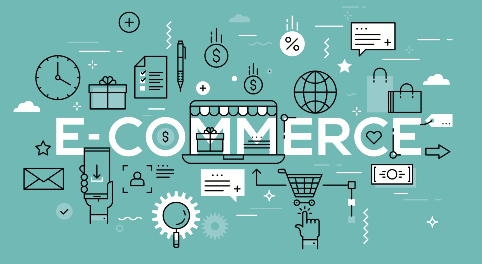 Teal ecommerce graphic featuring business icons surrounding the word "ecommerce," representing marketplace integrations and connected digital platforms.