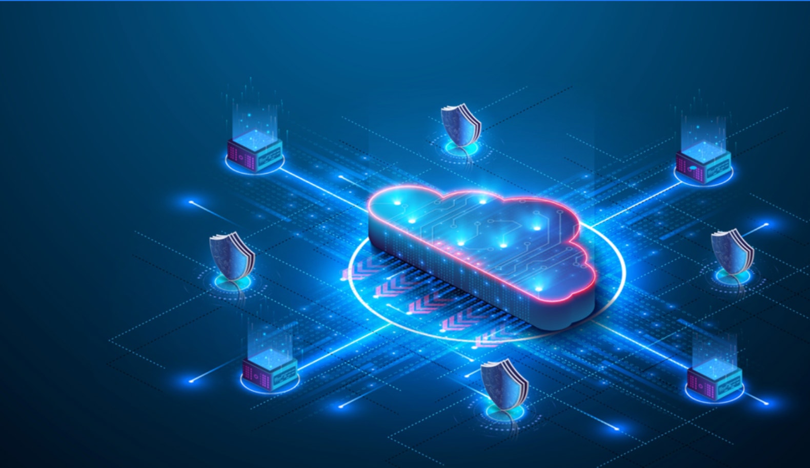 Graphic showing a cloud connected to different technology stacks, symbolizing streamlined workflows, application connectivity, and automation solutions.