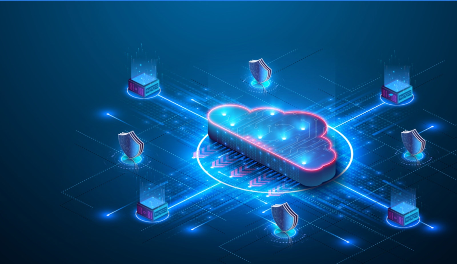 Graphic showing a cloud connected to different technology stacks, symbolizing streamlined workflows, application connectivity, and automation solutions.
