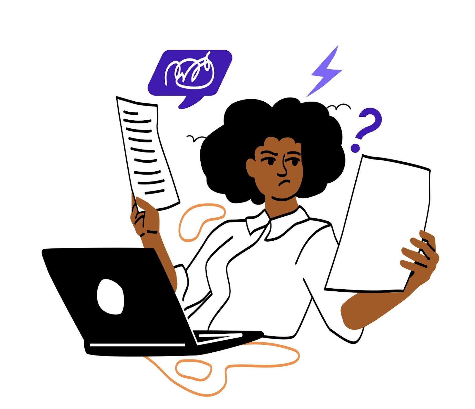 Vector illustration of a woman looking at a document, symbolizing wholesale transactions, business planning, and supply chain decisions.