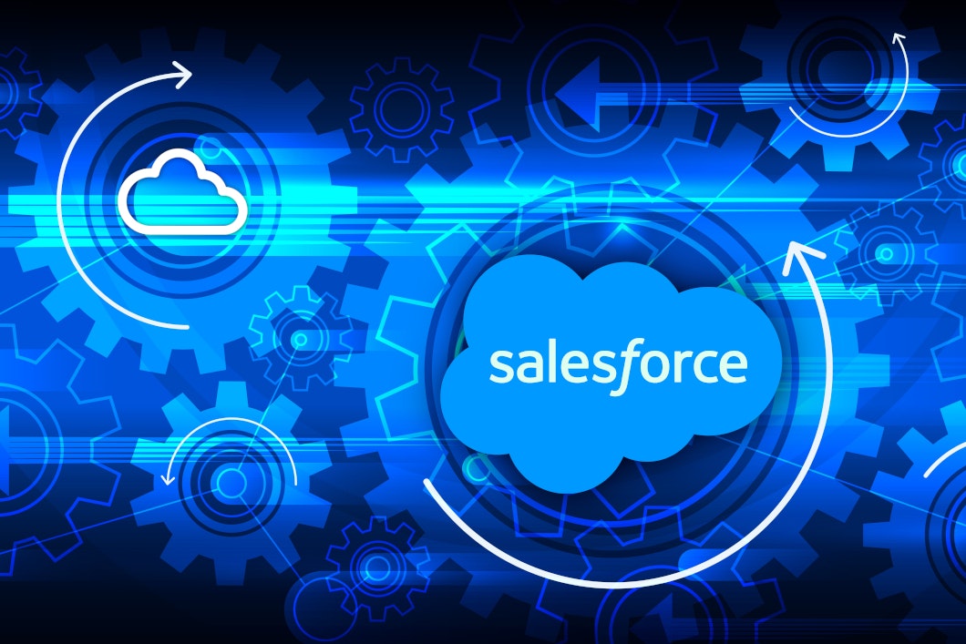 Graphic showing gears with the Salesforce and MindCloud logos, symbolizing seamless CRM integration and automated data exchange.