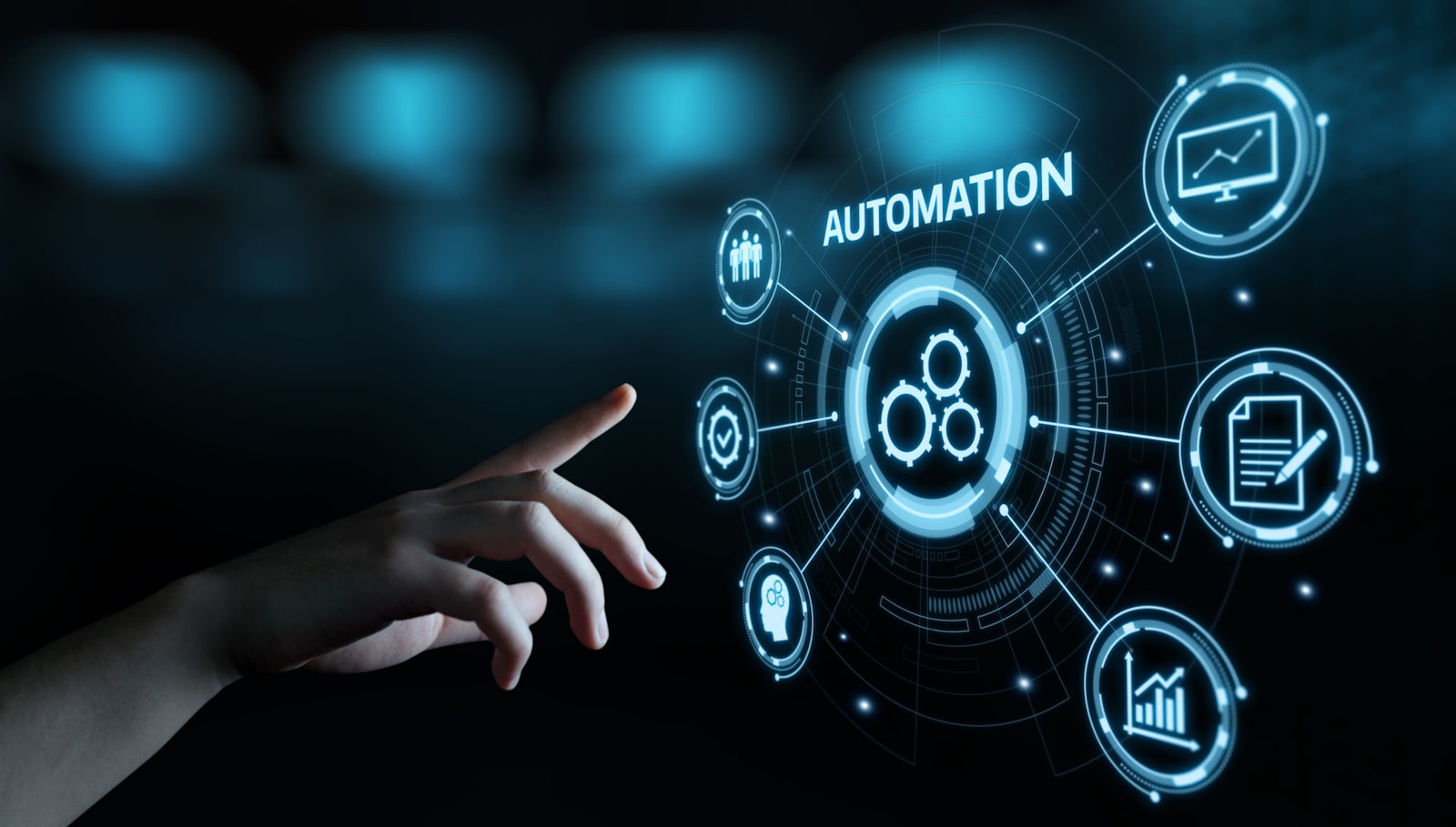 Graphic of a hand pointing to automation with business-related icons, representing streamlined workflows and business process automation.
