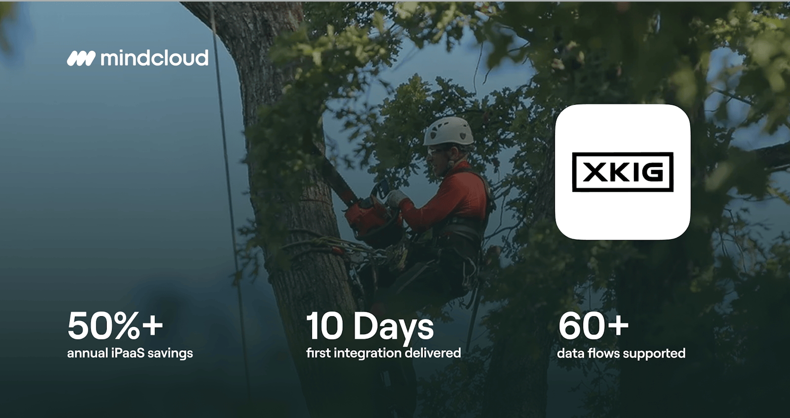 Man in safety gear working on a tree, Xylem and Kendall logo, MindCloud logo, text showing statistics