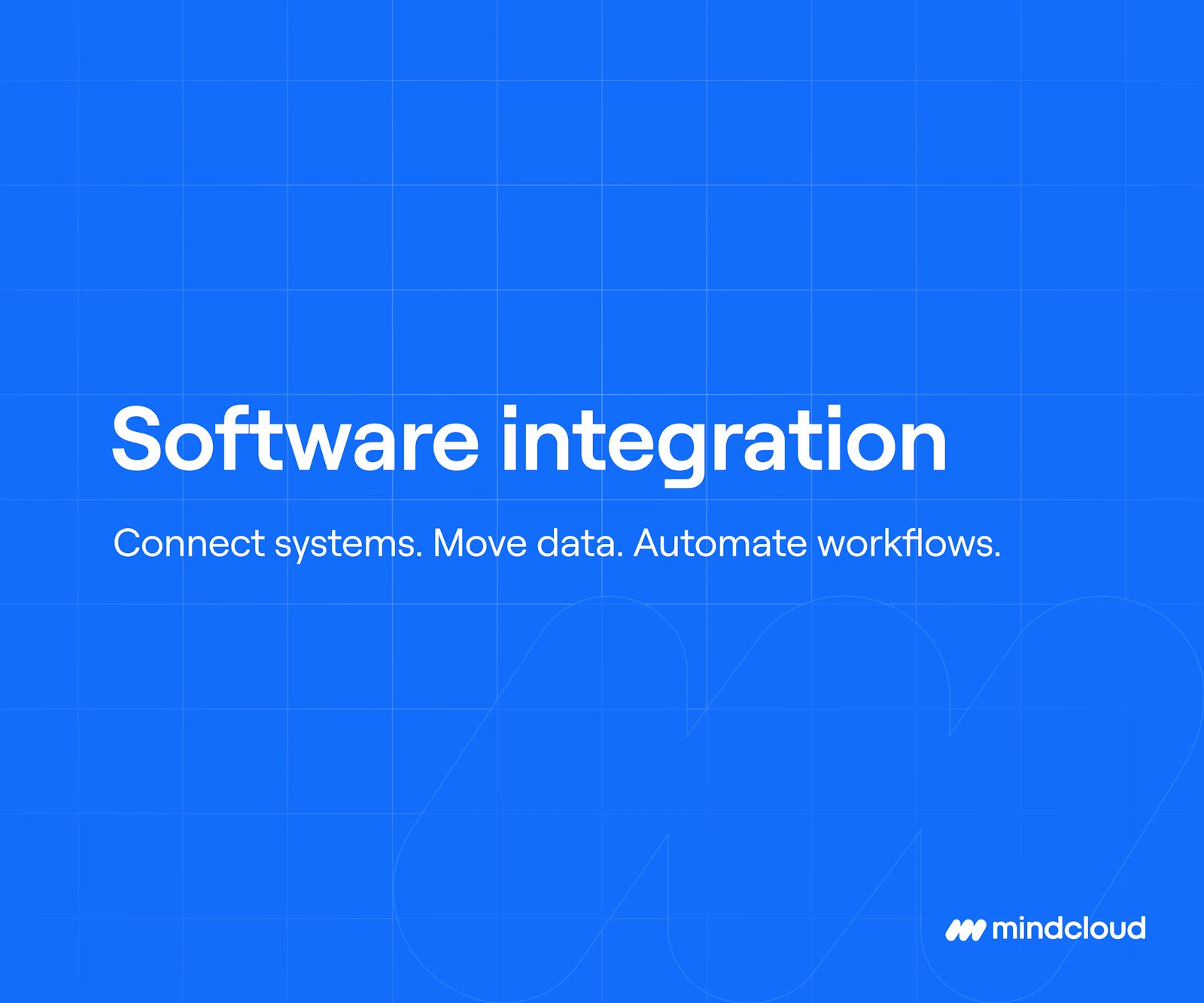 MindCloud branded background, Software integration with tagline, Connect systems. Movie data. Automate workflows