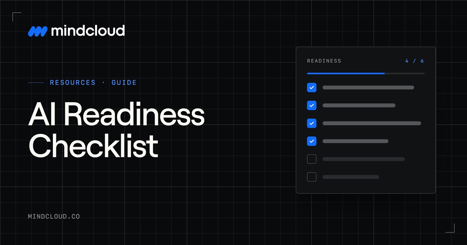MindCloud AI Readiness Checklist with a blue checklist graphic on a dark grid background