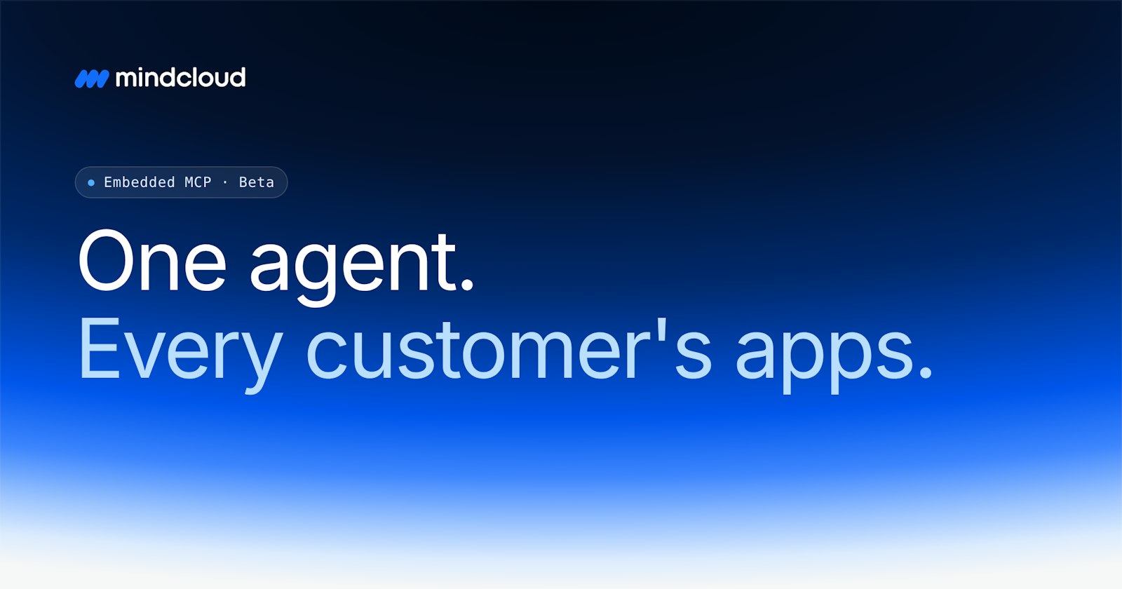 MindCloud Embedded MCP graphic featuring a blue gradient background and the headline "One agent. Every custoemr's apps."