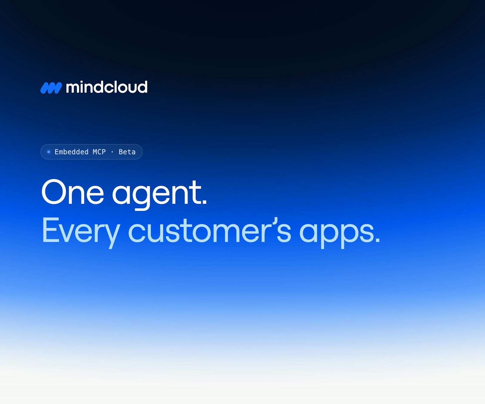 MindCloud Embedded MCP graphic featuring a blue gradient background and the headline "One agent. Every custoemr's apps."