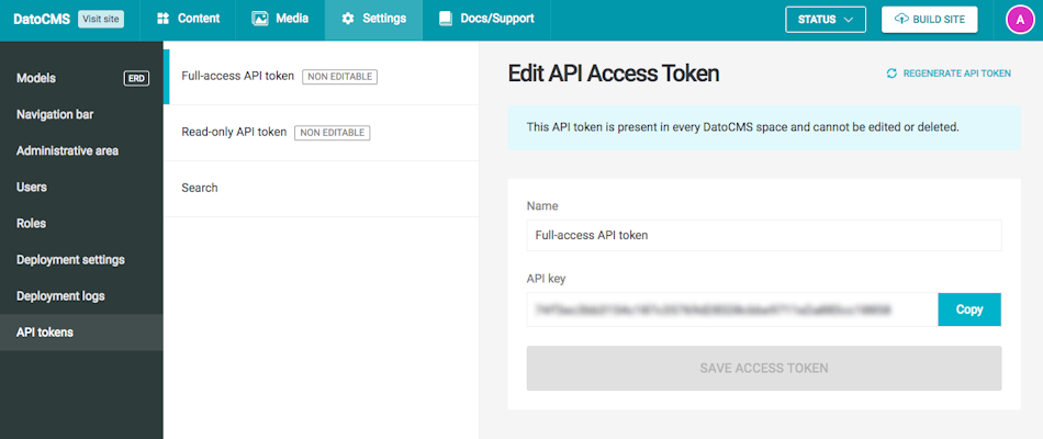 DatoCMS site full-access API token