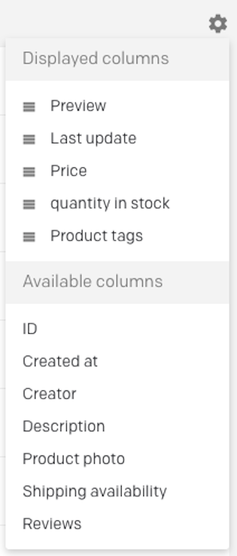 columns selection view