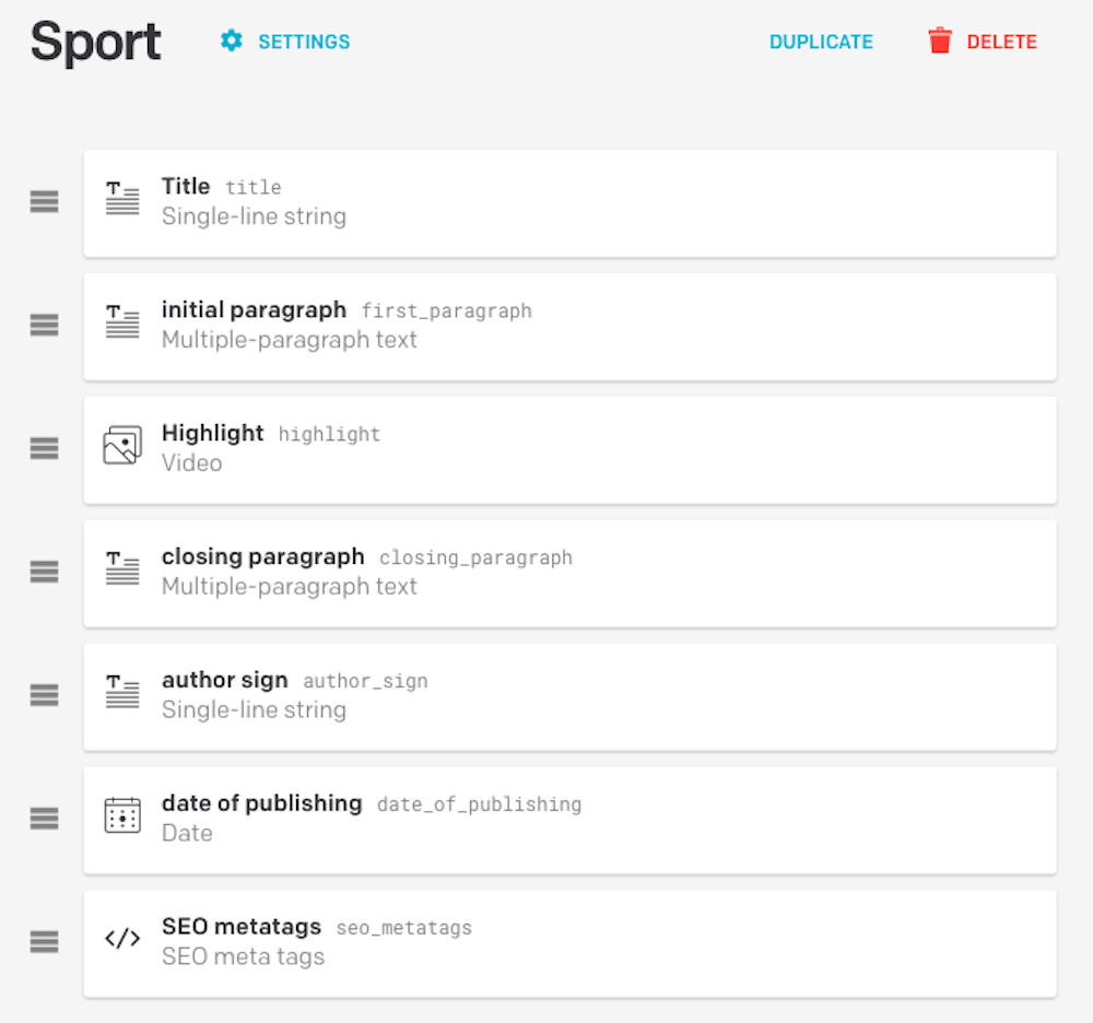 The model for the sport articles with some examples of the fields your client requested