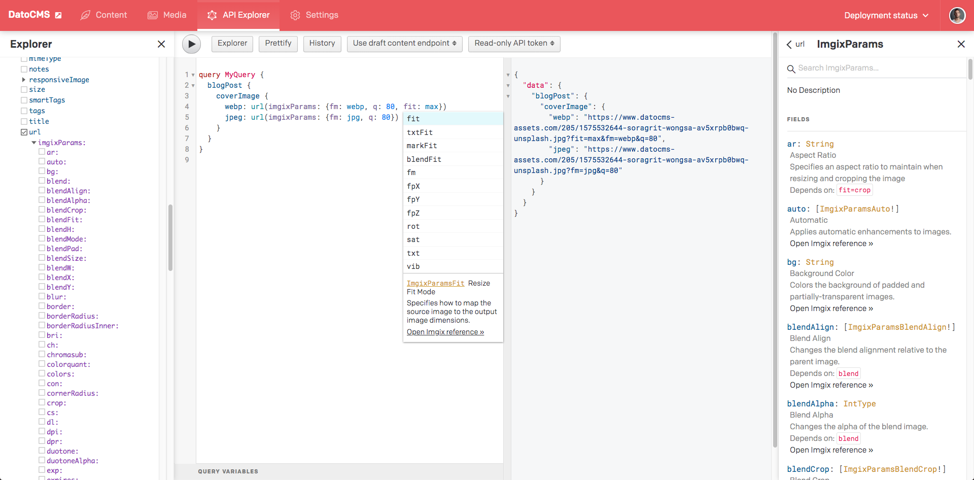 DatoCMS GraphQL query explorer helps you see all the different transformation from the get-go