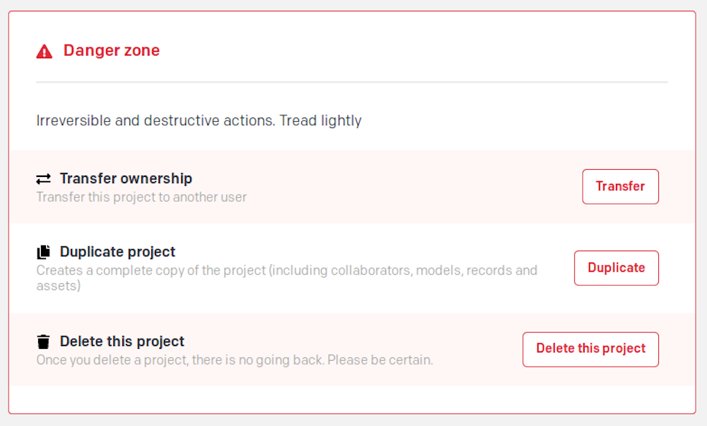 Plans, pricing and billing - Duplicate or delete project - DatoCMS Docs