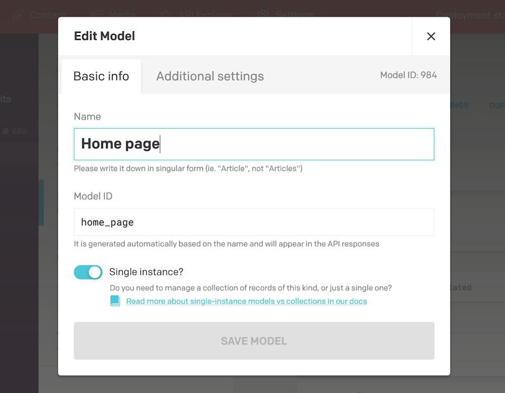 Content modelling - Single instance models - DatoCMS Docs