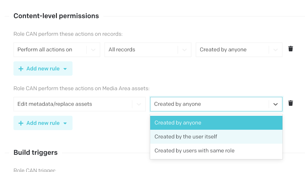 The renewed Roles interface allows you to specify granular permissions on the assets present in the Media Area