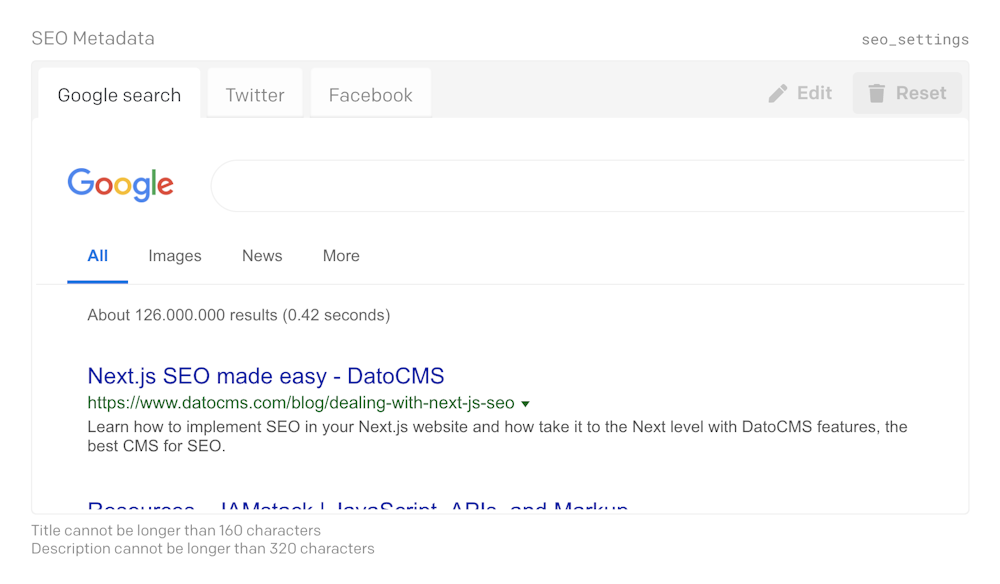 Next.js SEO field on DatoCMS