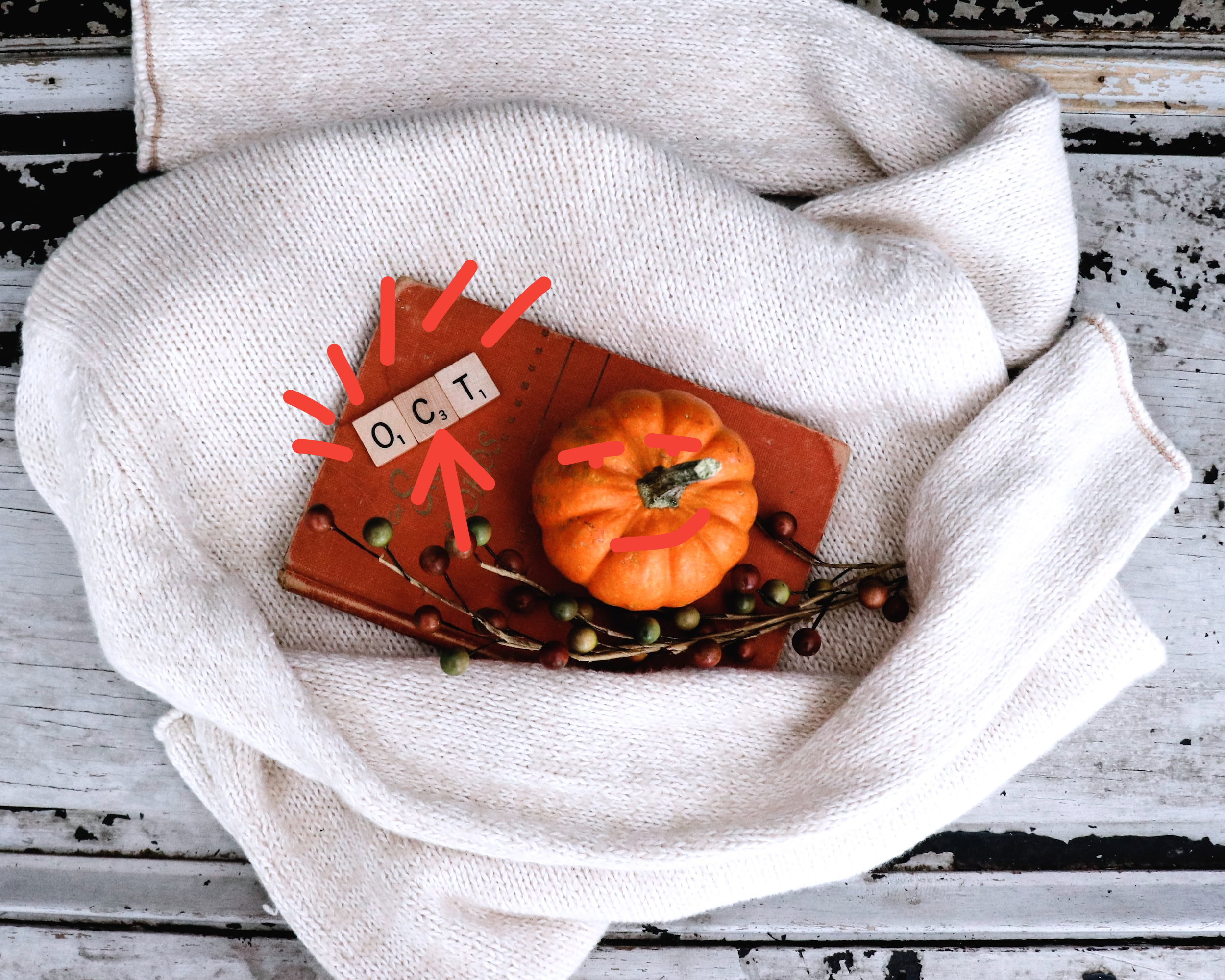 round orange pumpkin card on gray apparel