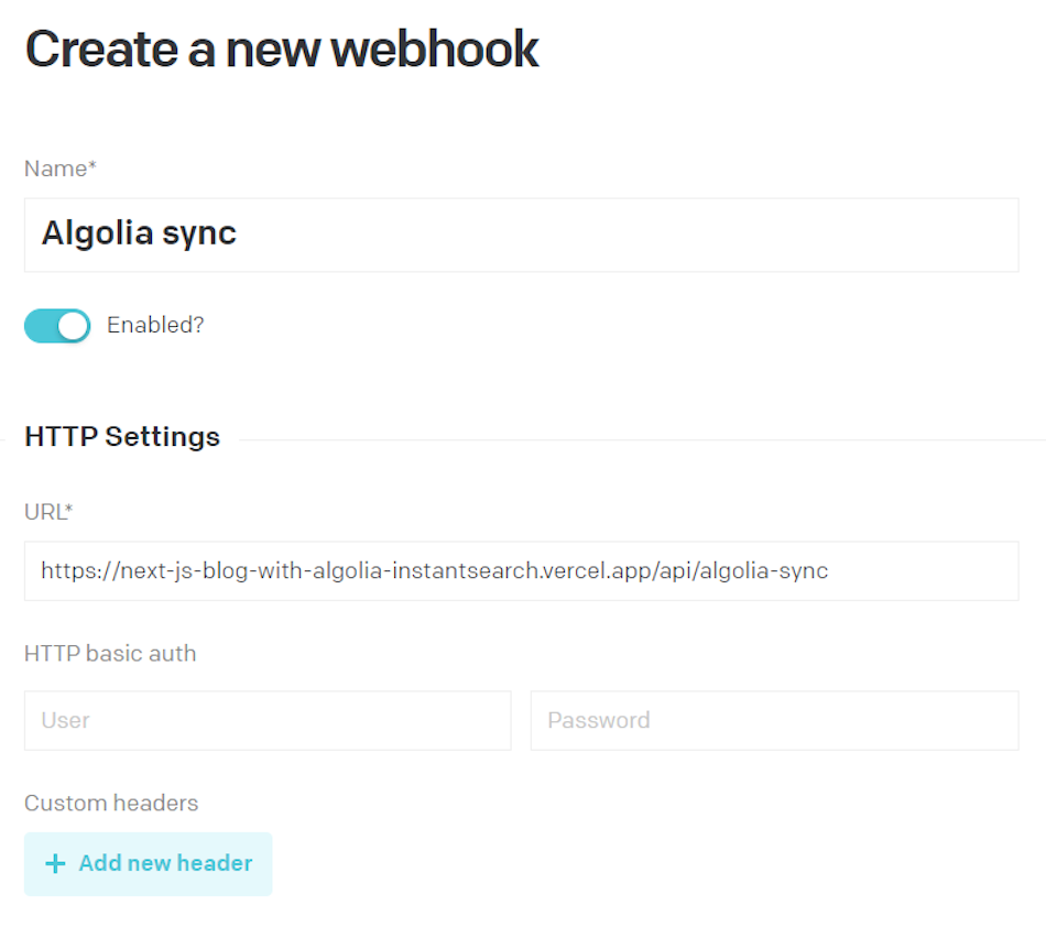 Creating a DatoCMS webhook that calls the Next.js API to import your data to Algolia