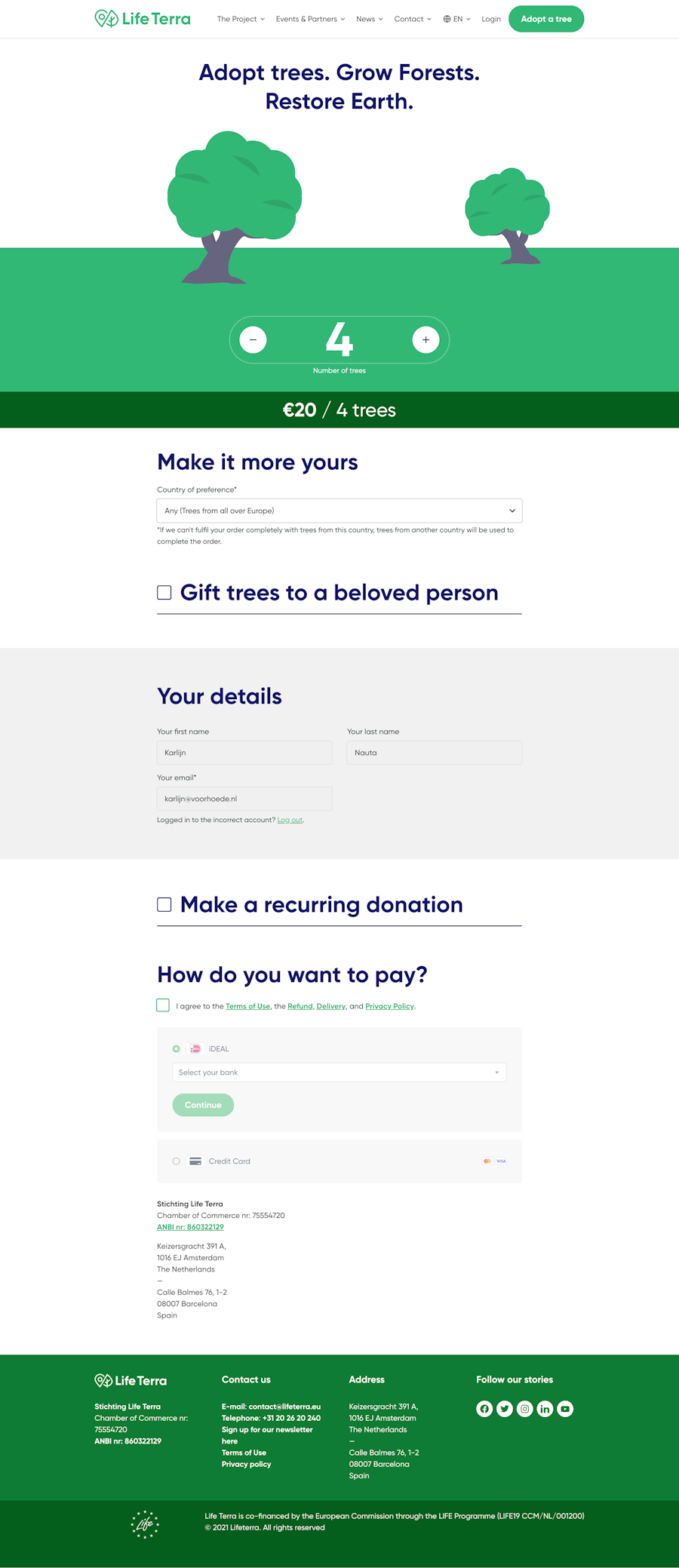 Screenshot of a webpage designed with green and white. On top there are images of trees. The page contains a form where you can adopt trees.