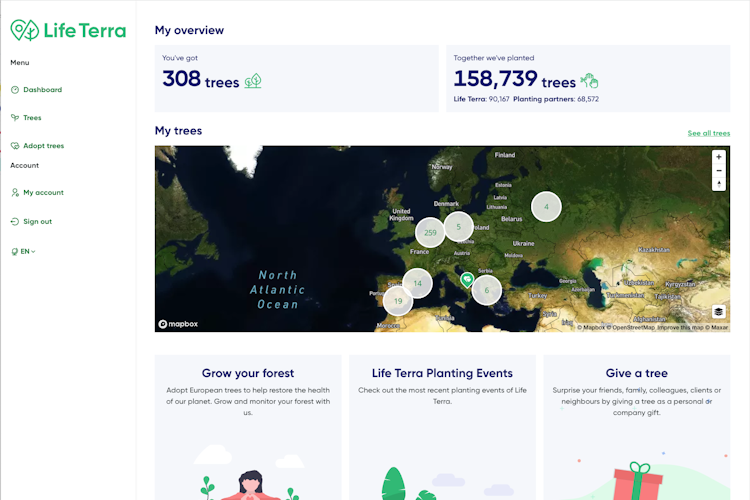 Dashboard with a map where you can see where the trees are planted and how many.
