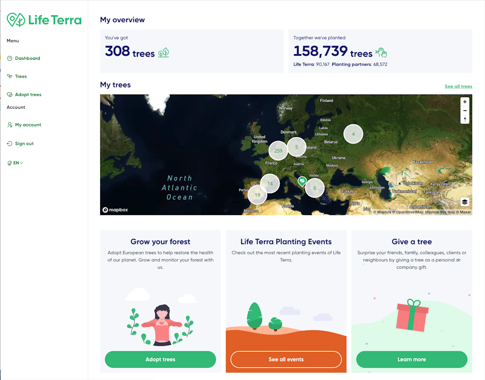 Dashboard with a map where you can see where the trees are planted and how many.