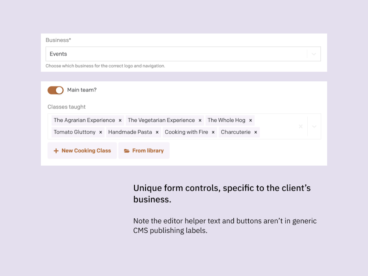 An example of DatoCMS fields customised to client needs.
