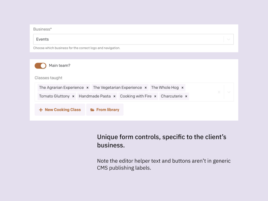 An example of DatoCMS fields customised to client needs.