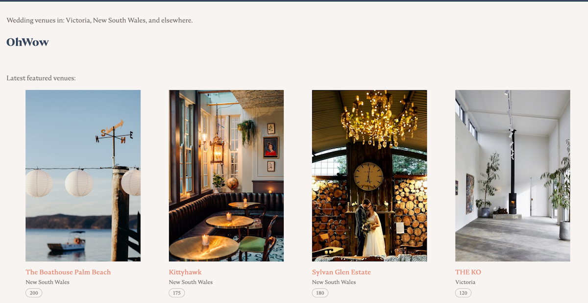 Oh Wow homepage displaying an index of wedding venues.