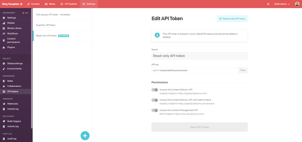 Note that the Read-Only API token has access to the Content Delivery API with draft content