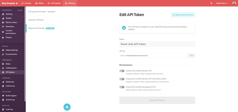 Note that the Read-Only API token has access to the Content Delivery API with draft content