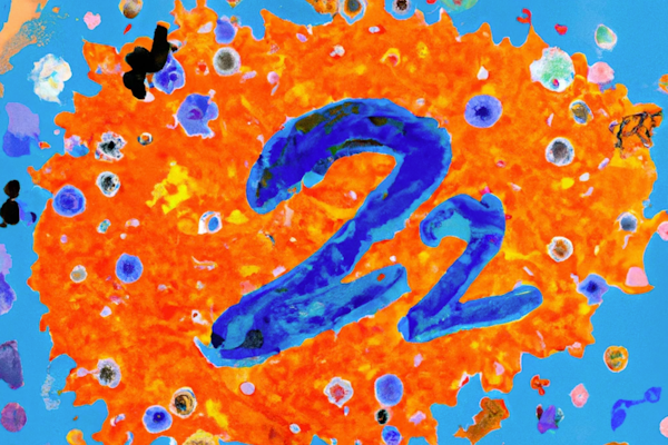 an small orange-colored 2022 lettering, from which confetti bursts out, with a solid azure background, as a neo-expressionist painting