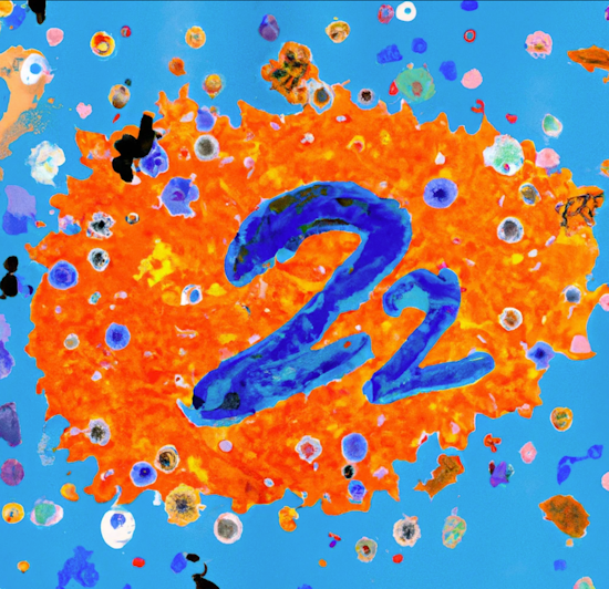 an small orange-colored 2022 lettering, from which confetti bursts out, with a solid azure background, as a neo-expressionist painting