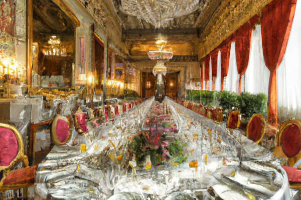 photorealistic, large banquet, a long table set with beautiful crystal glasses, painted dishes, a detailed tablecloth with embroidered golden "D" letters, in a grand opulent ballroom. Nikon D810 | ISO 64 | focal length 20mm (Voigtländer 20mm f3.5) | Aperture f/9 | Exposure Time 1/40 Sec (DRI). Studio Light