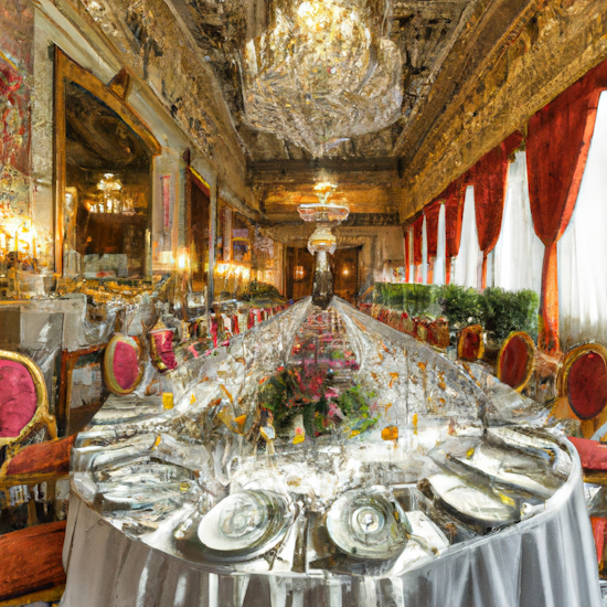 photorealistic, large banquet, a long table set with beautiful crystal glasses, painted dishes, a detailed tablecloth with embroidered golden "D" letters, in a grand opulent ballroom. Nikon D810 | ISO 64 | focal length 20mm (Voigtländer 20mm f3.5) | Aperture f/9 | Exposure Time 1/40 Sec (DRI). Studio Light