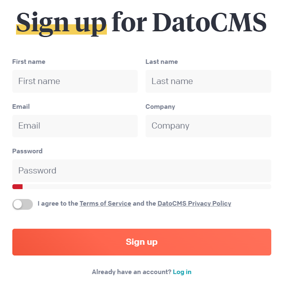 The DatoCMS sign-up form