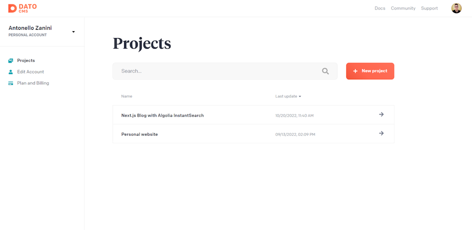 The DatoCMS project dashboard