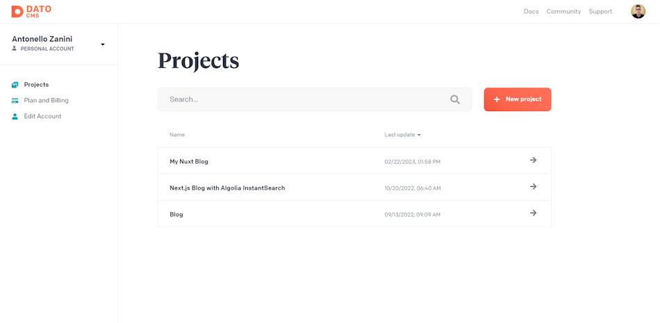 The DatoCMS project dashboard