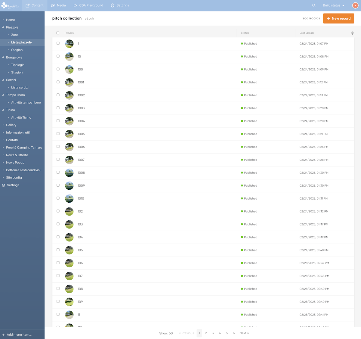 Camping Tamaro - Backend list of pitches
