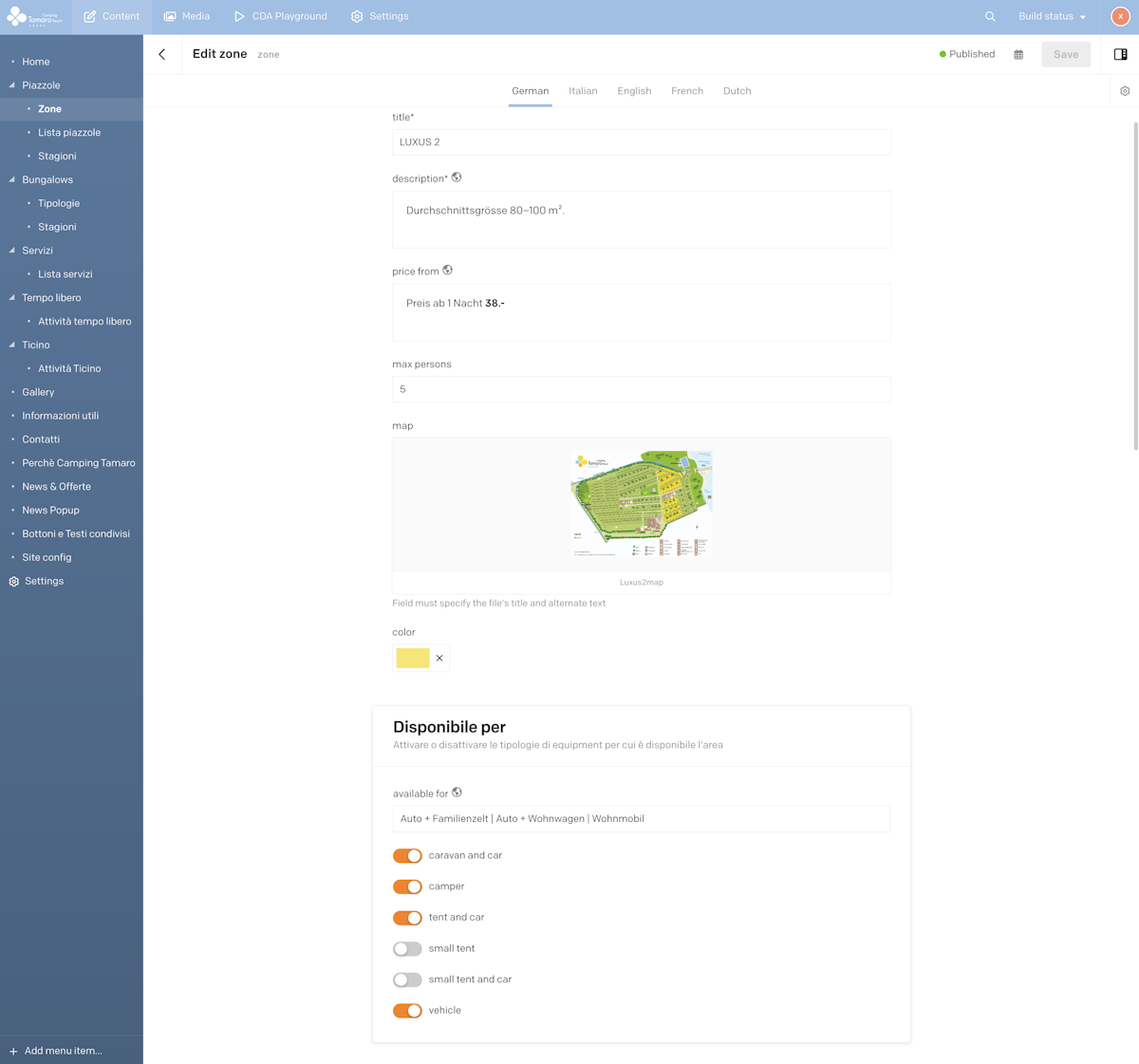 Camping Tamaro - Zone Configuration Backend Page