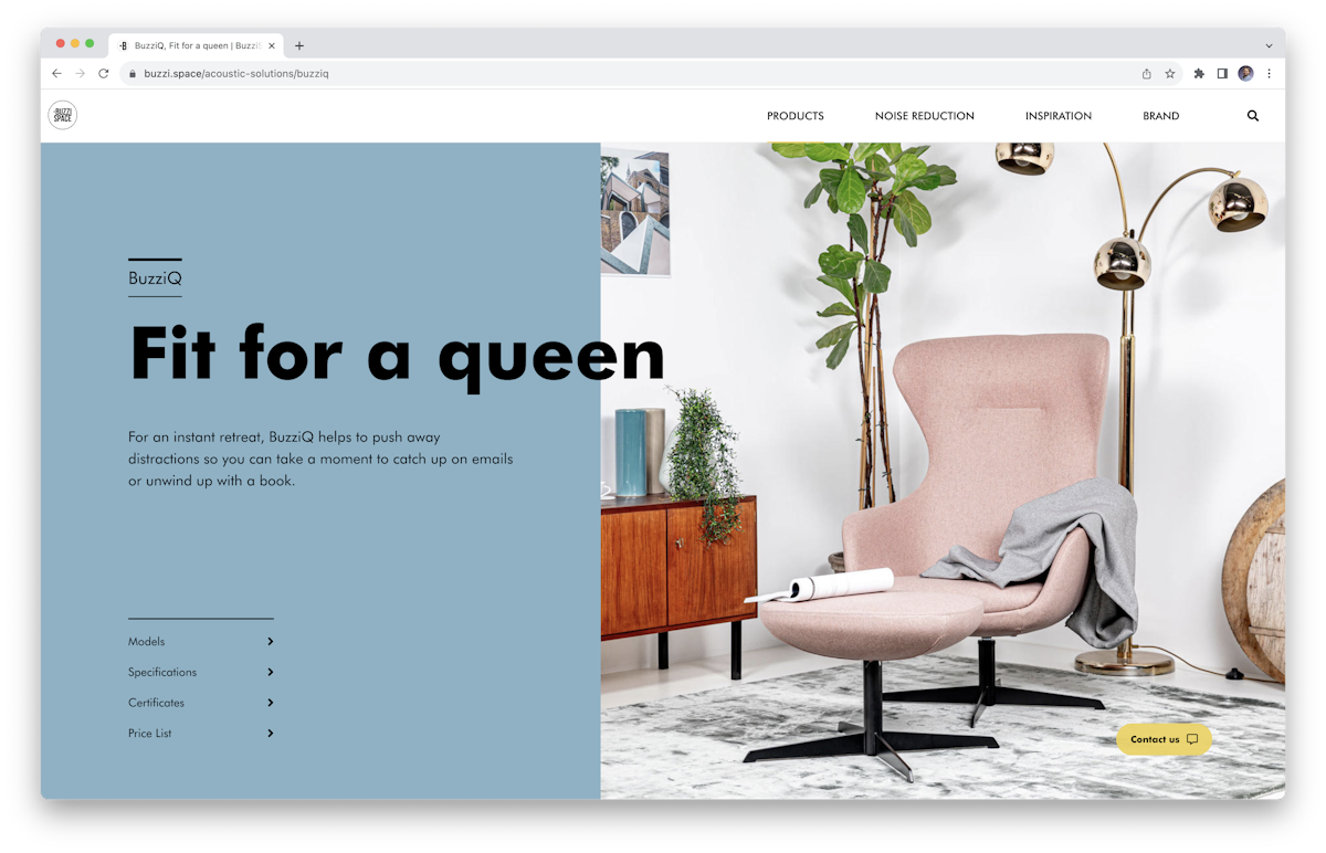 Website screenshot of the BuzziQ seat product detail page
