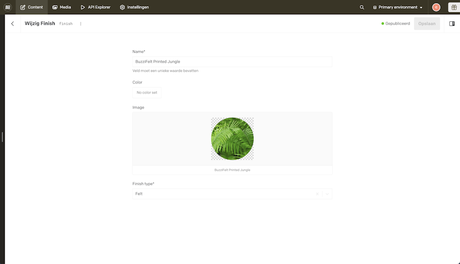 Screenshot of Dato CMS containing a finishing type