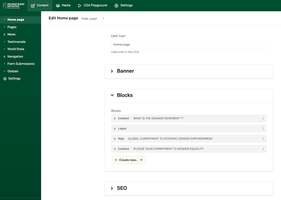 Home page with easily editable blocks
