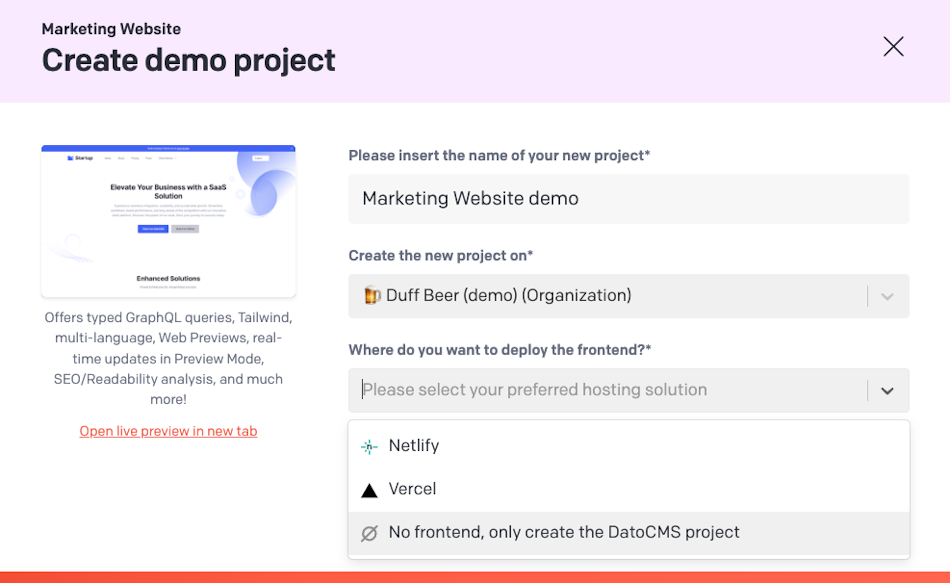 No frontend, only create the DatoCMS project