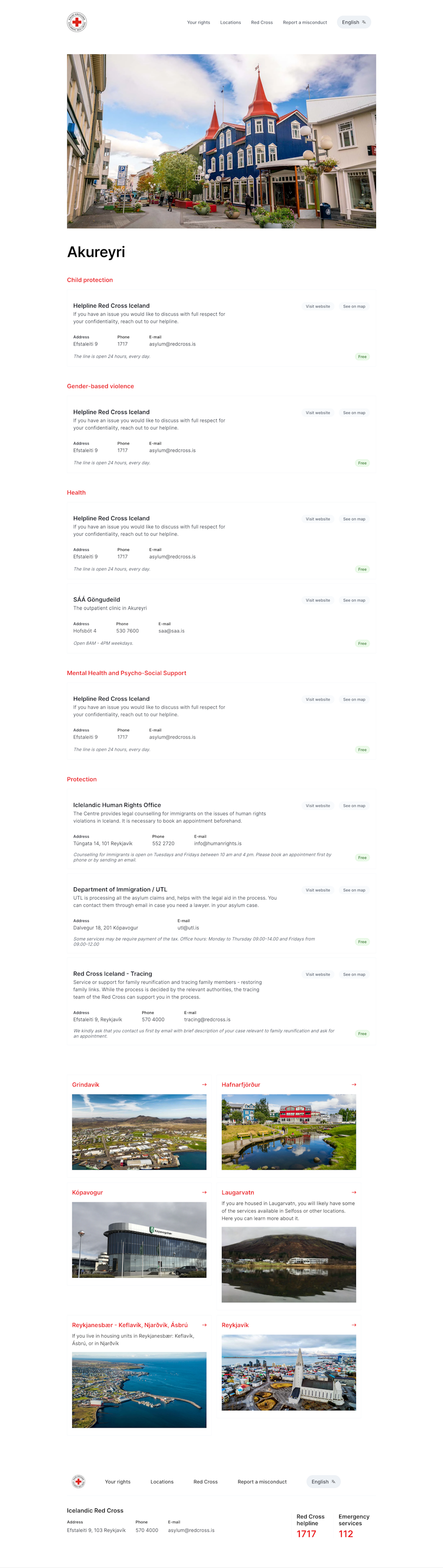 Each location contains a categorized list of services.