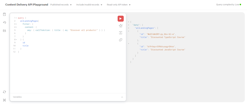 The query result in the Content Delivery API Playground