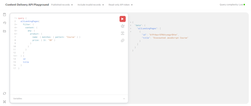 The query result in the Content Delivery API Playground